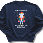 Navy blue sweatshirt with a cartoon Nutcracker Christmas mouse king design and text on a white background