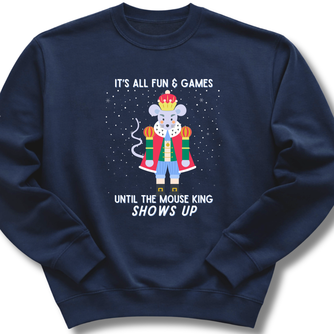 Navy blue sweatshirt with a cartoon Nutcracker Christmas mouse king design and text on a white background