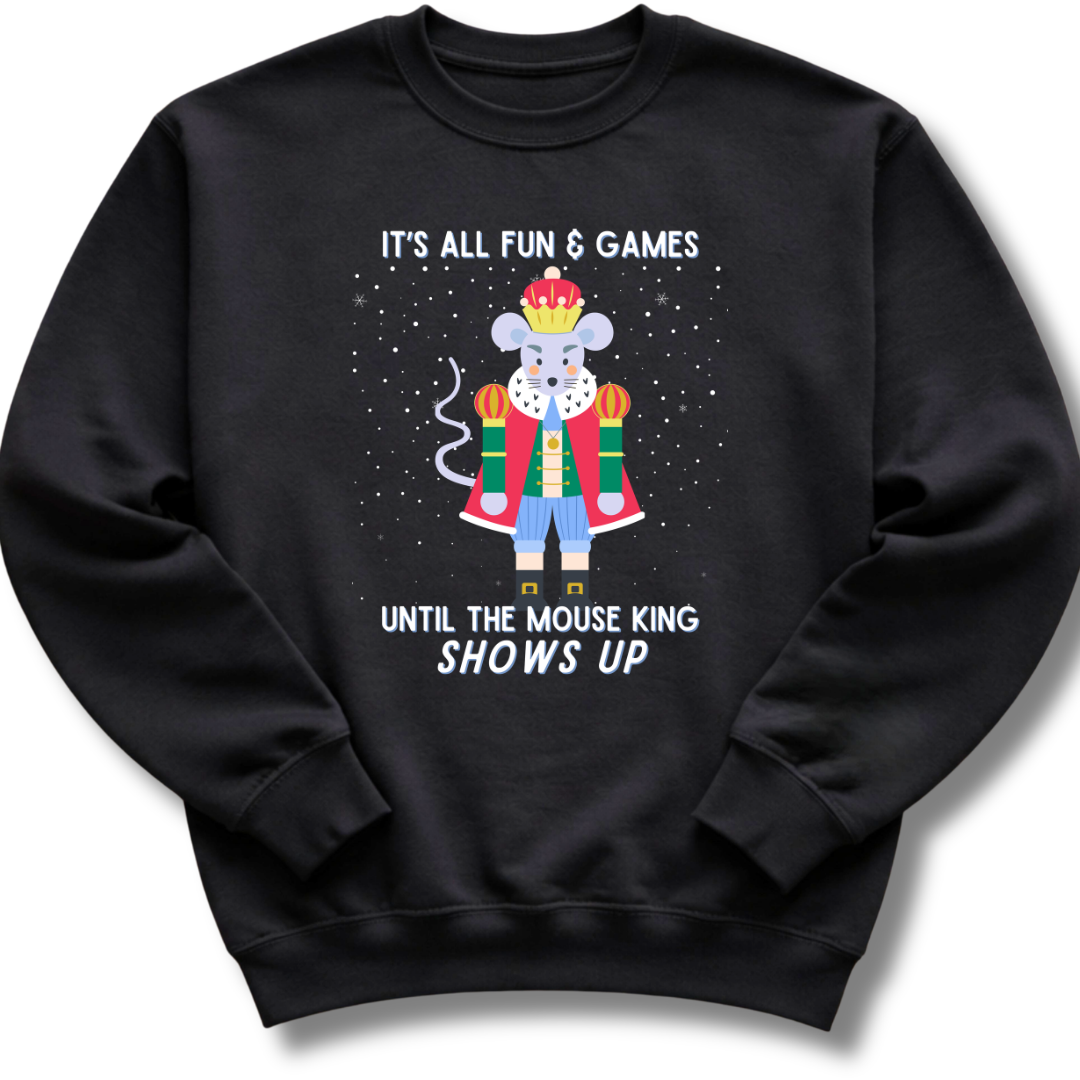 Black sweatshirt with a cartoon Nutcracker Christmas mouse king design and text on a white background