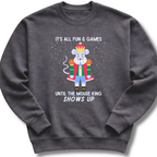 Gray sweatshirt with a cartoon Nutcracker Christmas mouse king design and text on a white background