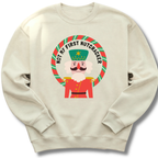 Beige sweatshirt with a cartoon nutcracker design and text on a white background