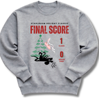 Gray sweatshirt with holiday-themed graphic and text on a white background