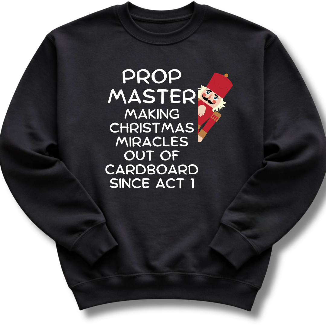 Black sweatshirt with text and a graphic of a elf on a white background