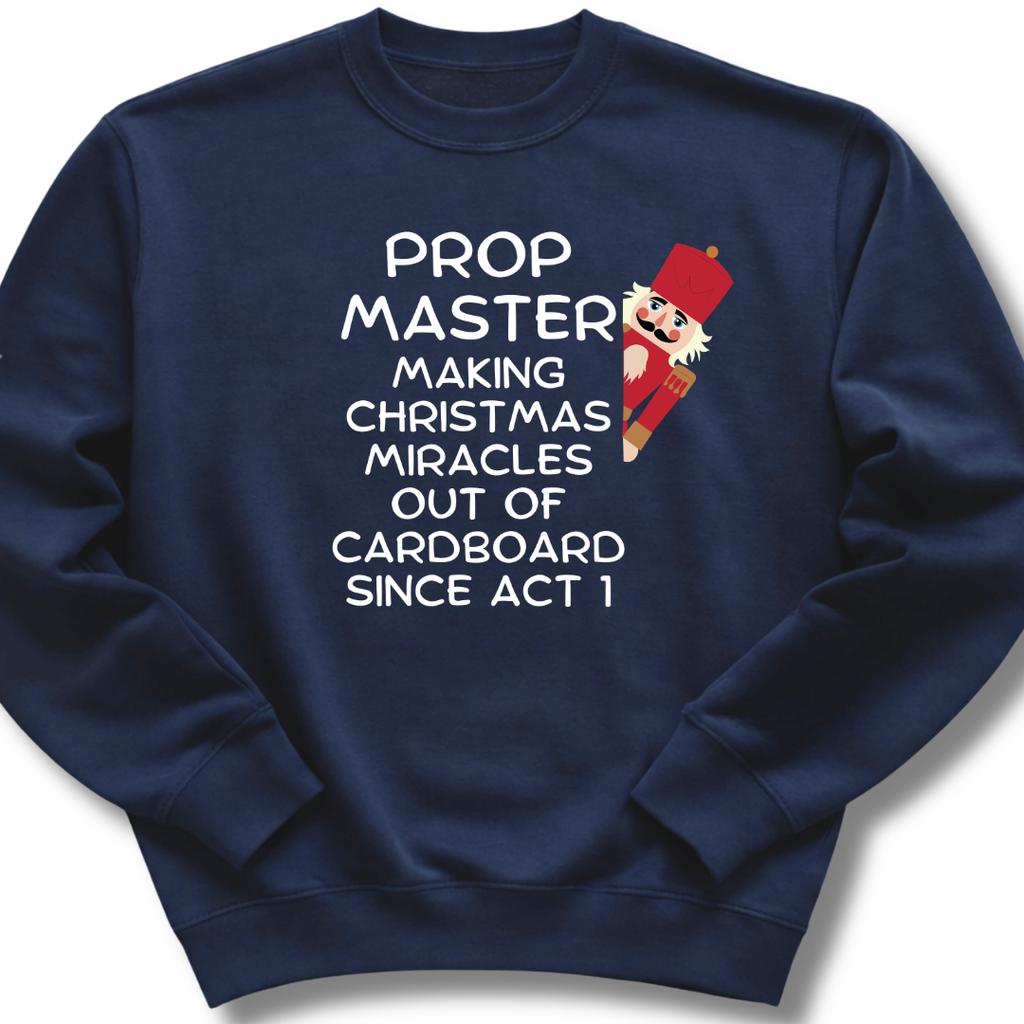 Navy blue sweatshirt with text and cartoon character on a white background