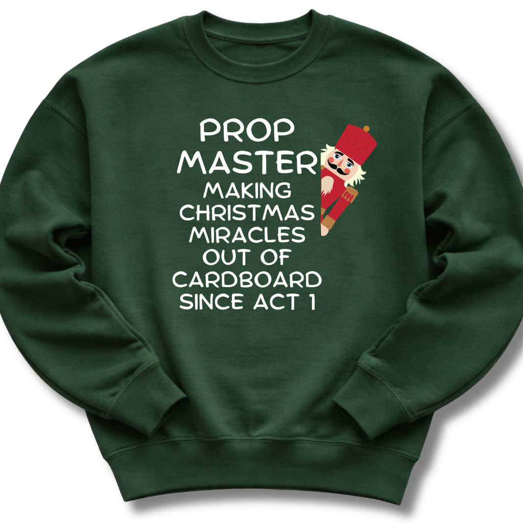 Green sweatshirt with text and a graphic of a gnome on a white background