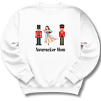 White sweatshirt with Nutcracker-themed design and 'Nutcracker Mom' text on a white background