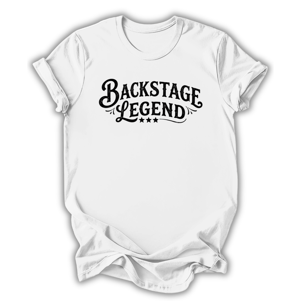 White t-shirt with 'Backstage Legend' text on a white background