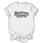 White t-shirt with 'Backstage Legend' text on a white background
