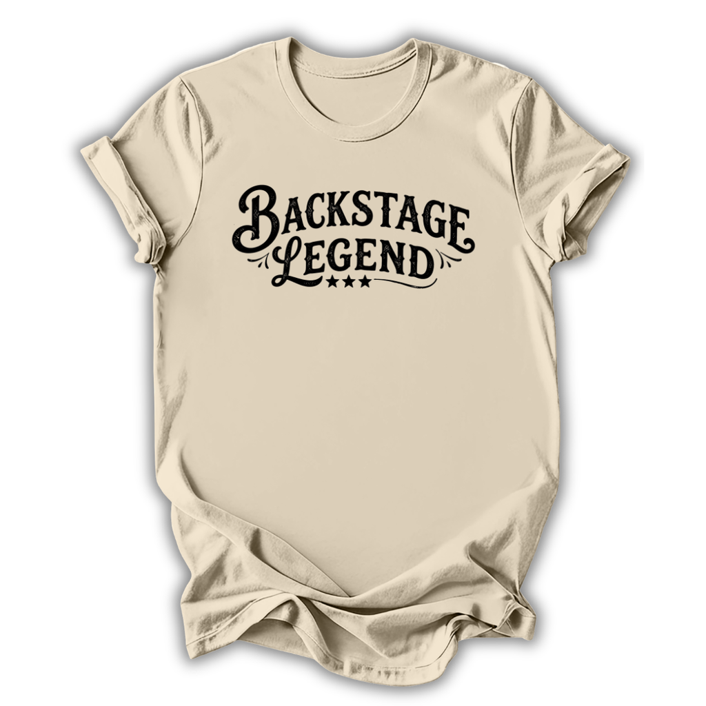 Beige t-shirt with 'Backstage Legend' text on a white background