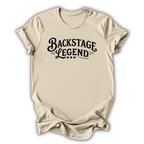 Beige t-shirt with 'Backstage Legend' text on a white background