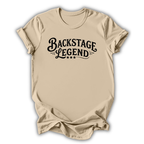 Beige t-shirt with 'Backstage Legend' text on a white background