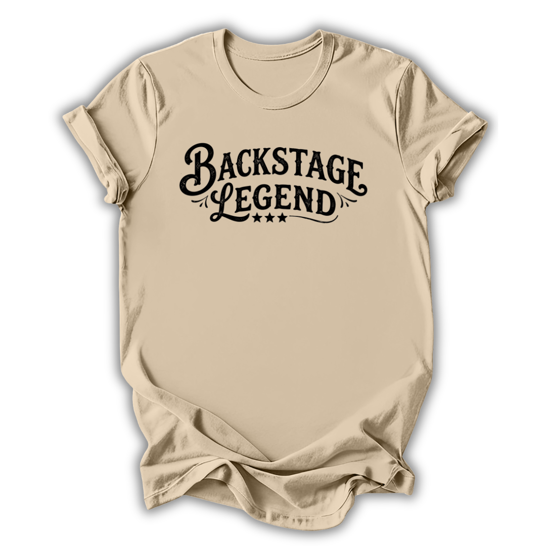 Beige t-shirt with 'Backstage Legend' text on a white background
