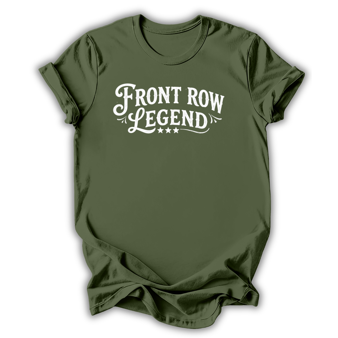 Green t-shirt with 'Front Row Legend' text on a white background