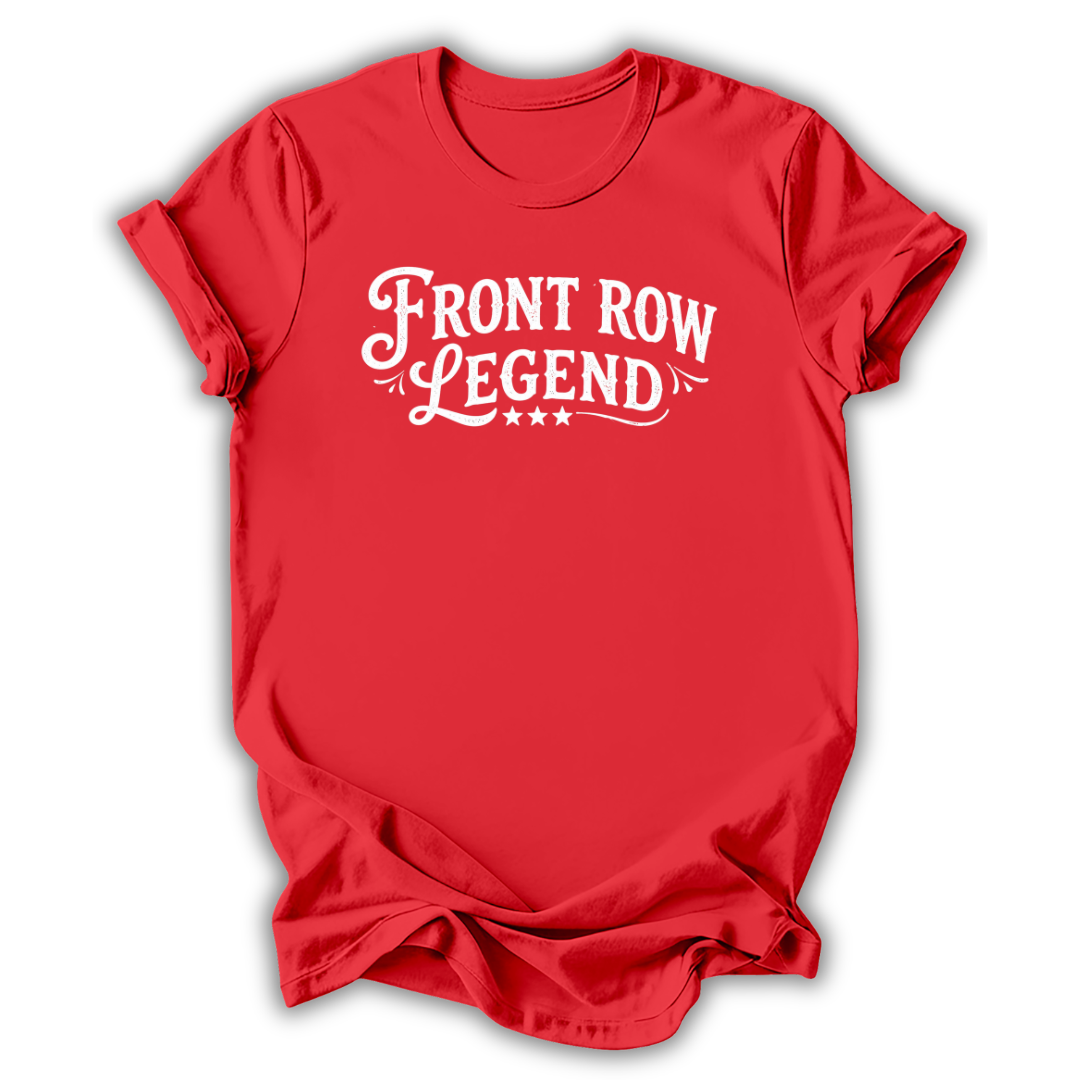 Red t-shirt with 'Front Row Legend' text on a white background