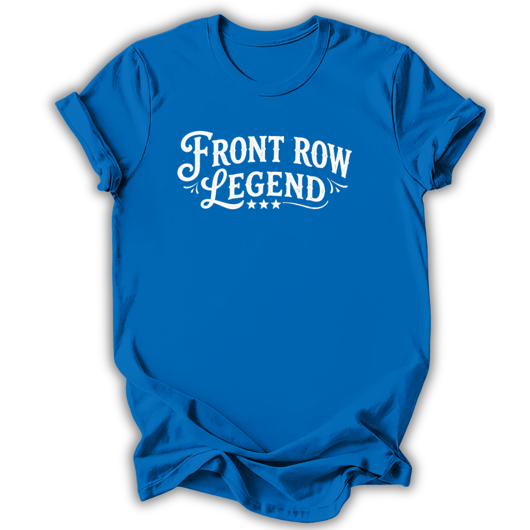 Blue t-shirt with 'Front Row Legend' text on a white background