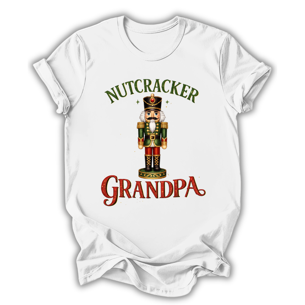white nutcracker grandpa t-shirt with a christmas nutcracker on a white background