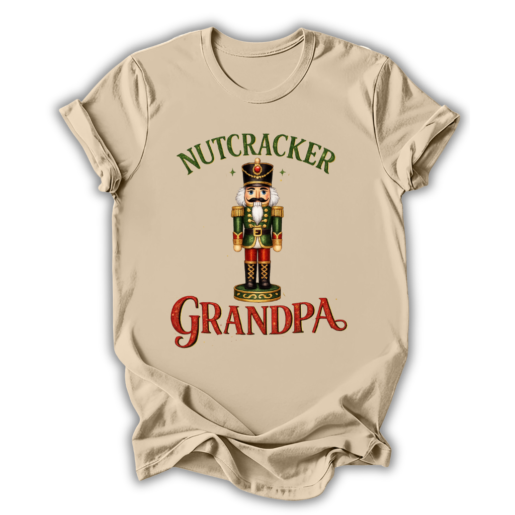 beige nutcracker grandpa t-shirt with a christmas nutcracker on a white background