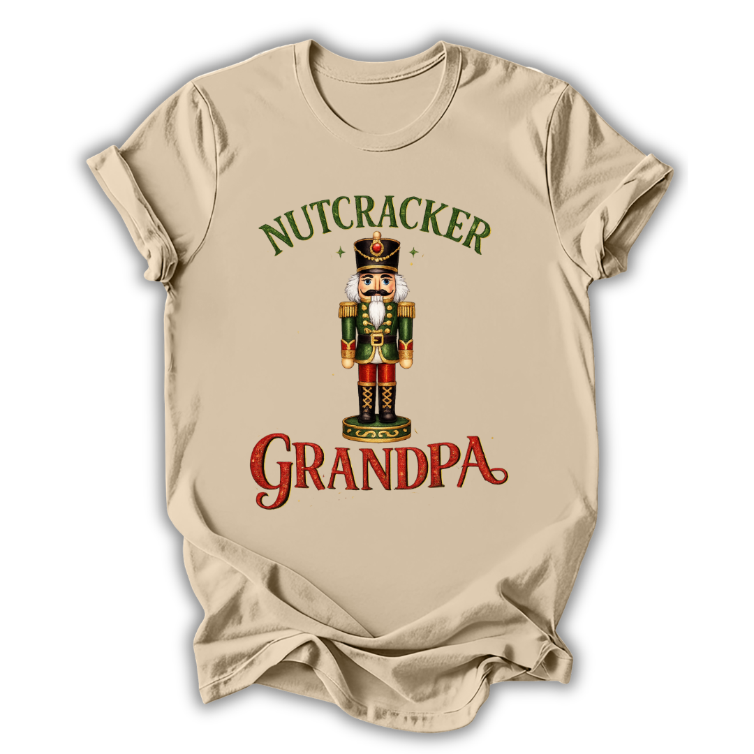 beige nutcracker grandpa t-shirt with a christmas nutcracker on a white background
