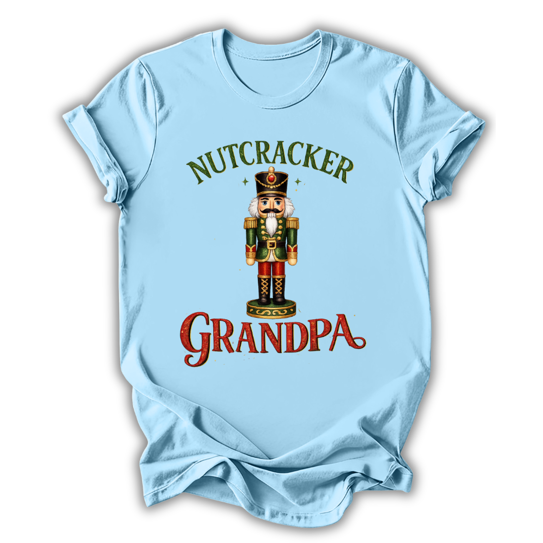 light blue nutcracker grandpa t-shirt with a christmas nutcracker on a white background