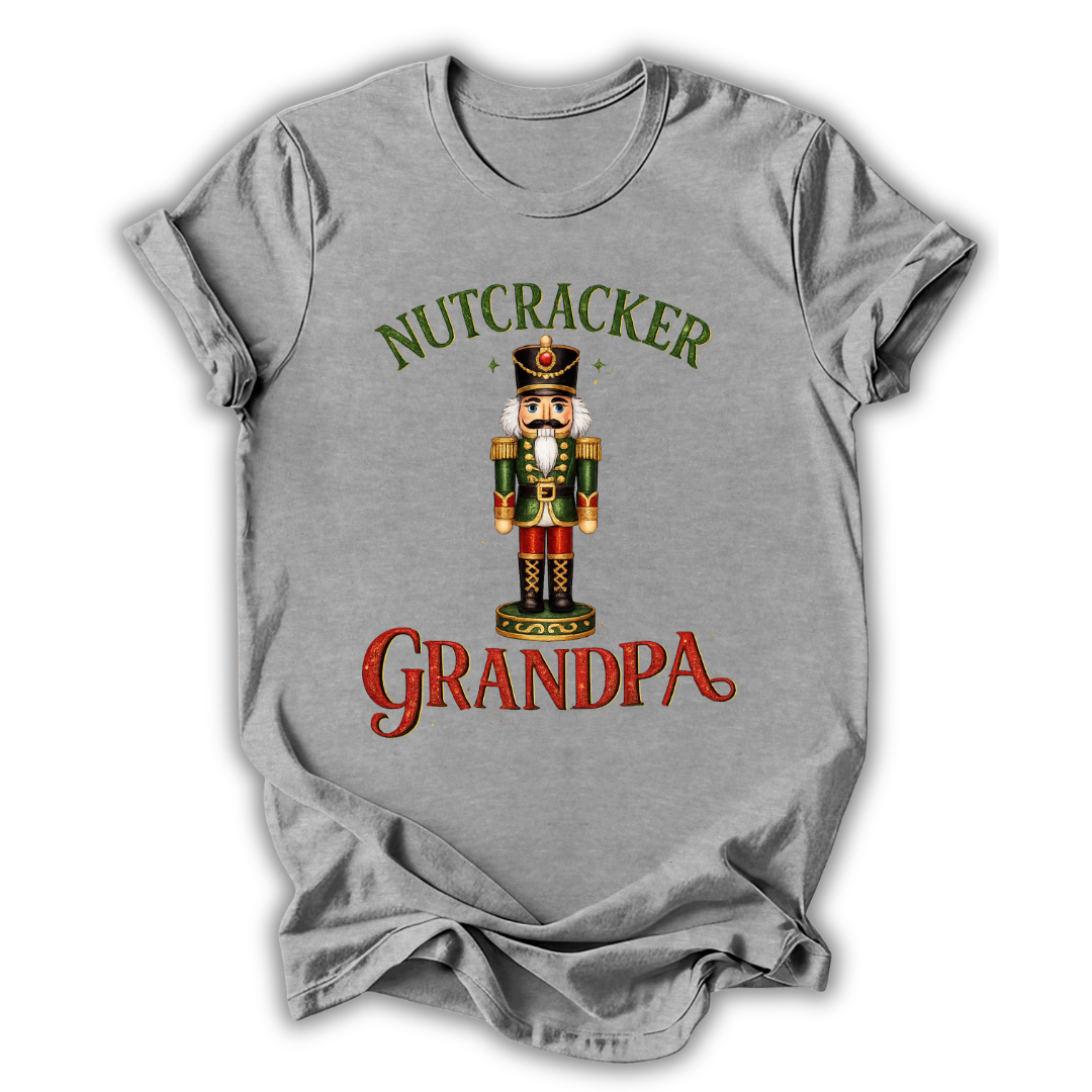 light gray nutcracker grandpa t-shirt with a christmas nutcracker on a white background