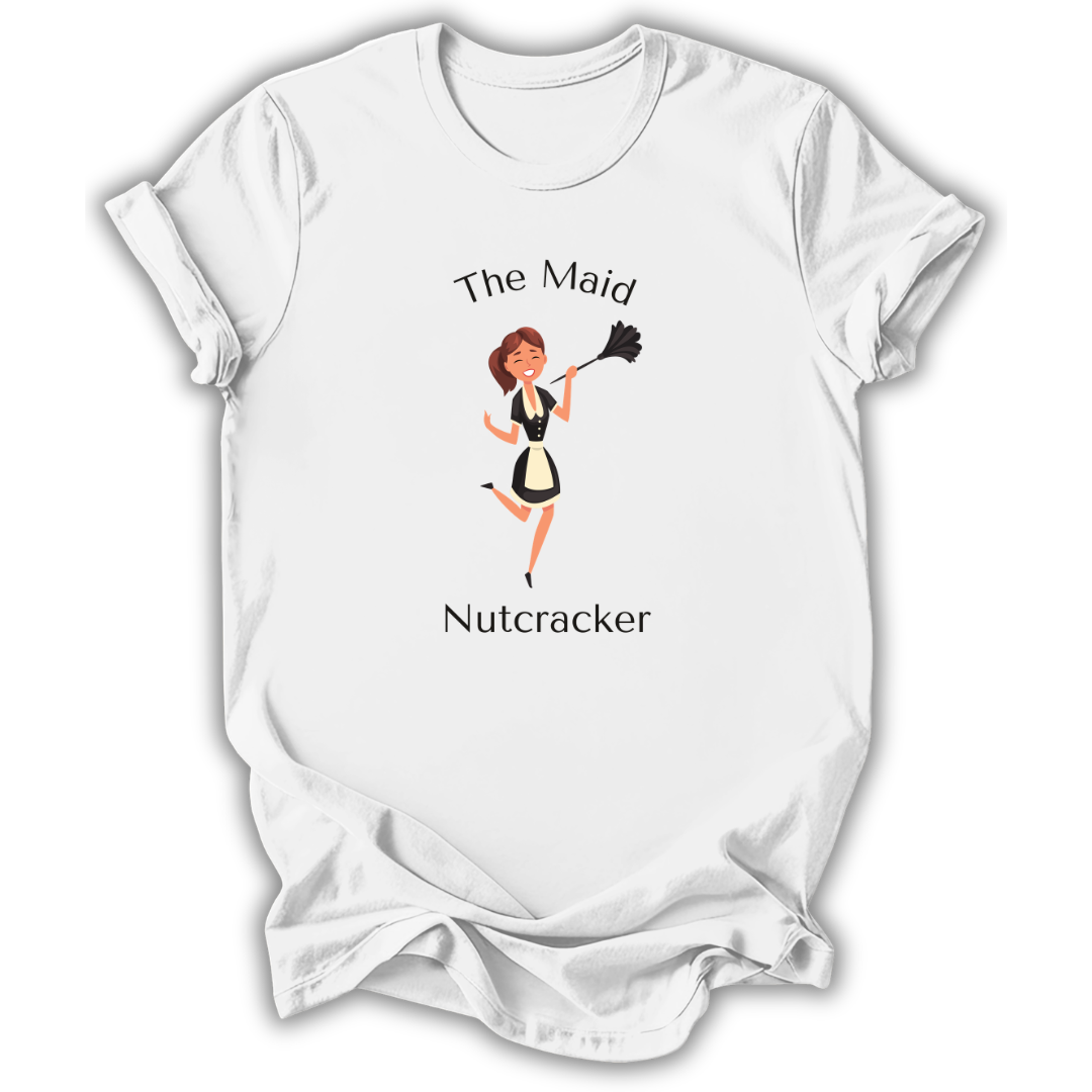 A white short-sleeve t-shirt printed with the “Maid Nutcracker” graphic design.