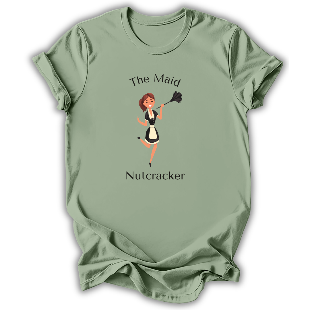 A sage green short-sleeve t-shirt printed with the “Maid Nutcracker” graphic design.