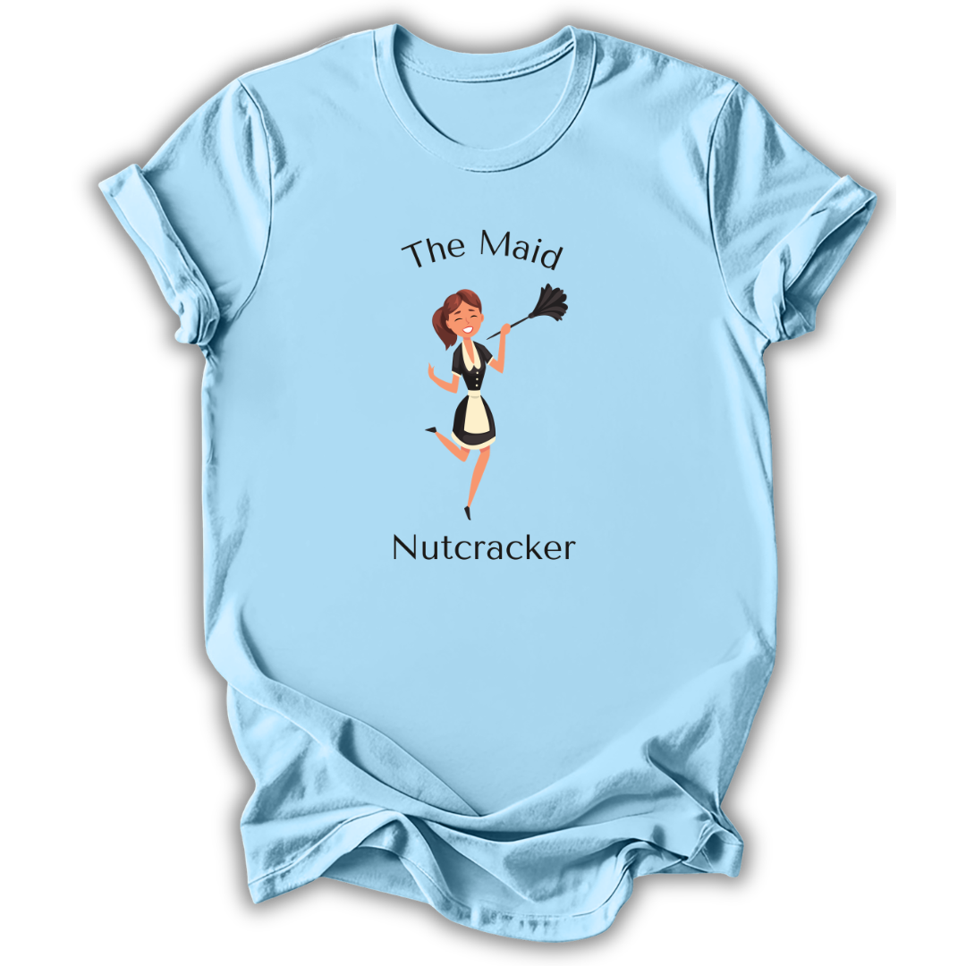 A light blue short-sleeve t-shirt printed with the “Maid Nutcracker” graphic design.