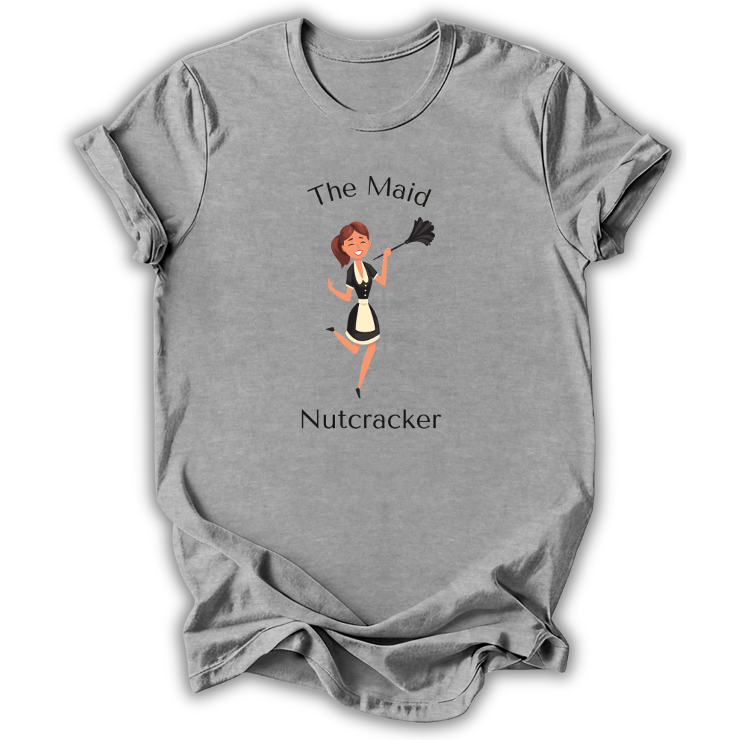 A heather gray short-sleeve t-shirt printed with the “Maid Nutcracker” graphic design.