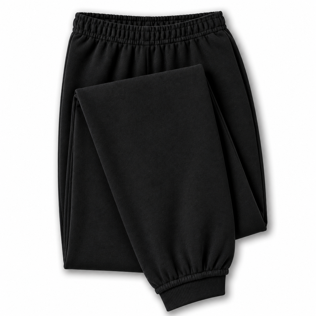 Black jogger sweatpants with an elastic waistband and ribbed ankle cuffs, shown folded on a white background.