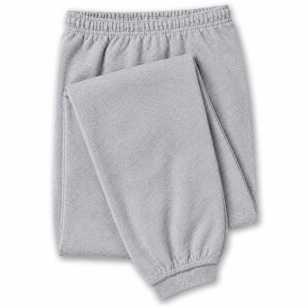 Light gray fleece jogger pants folded neatly on a white background.