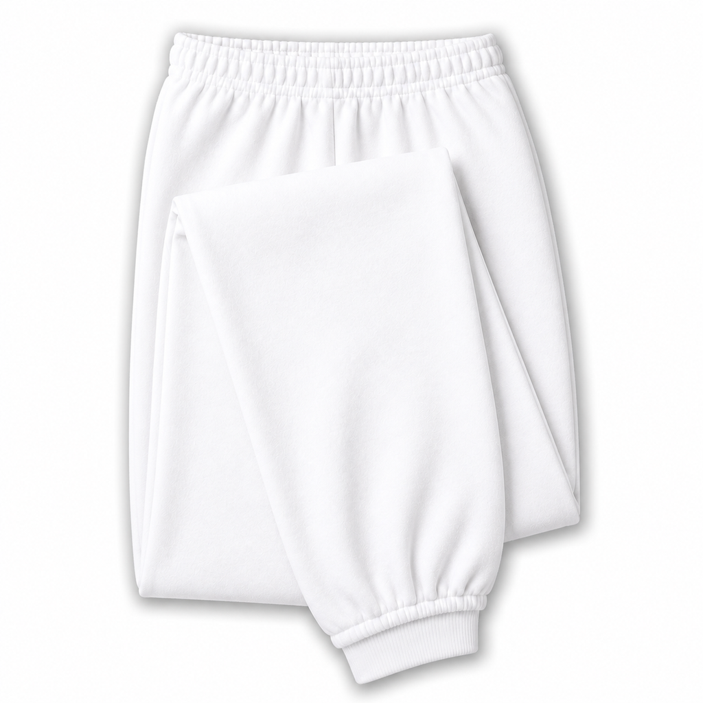 White sweatpants with an elastic waistband and ribbed ankle cuffs, shown folded on a white background.