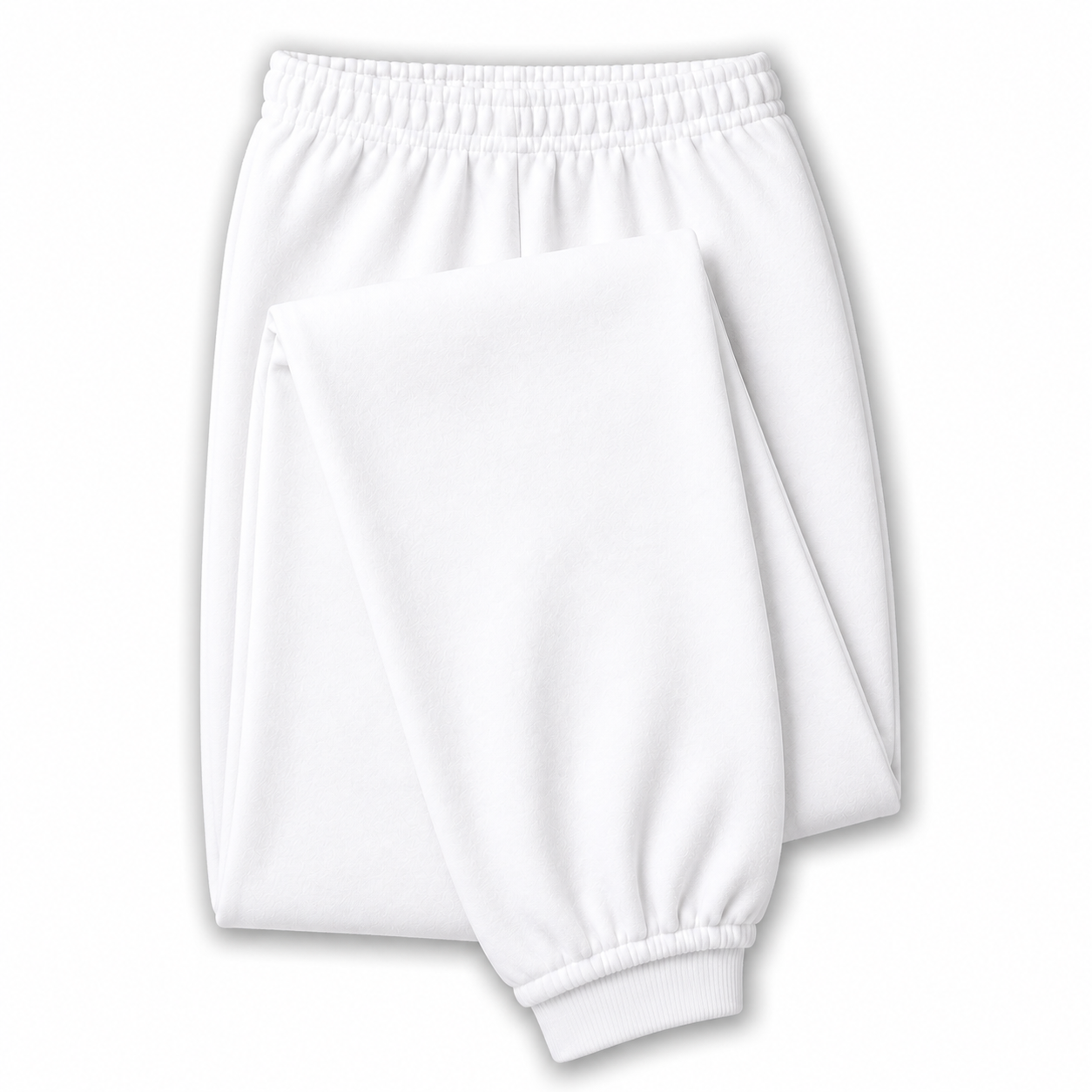 White sweatpants with an elastic waistband and ribbed ankle cuffs, shown folded on a white background.