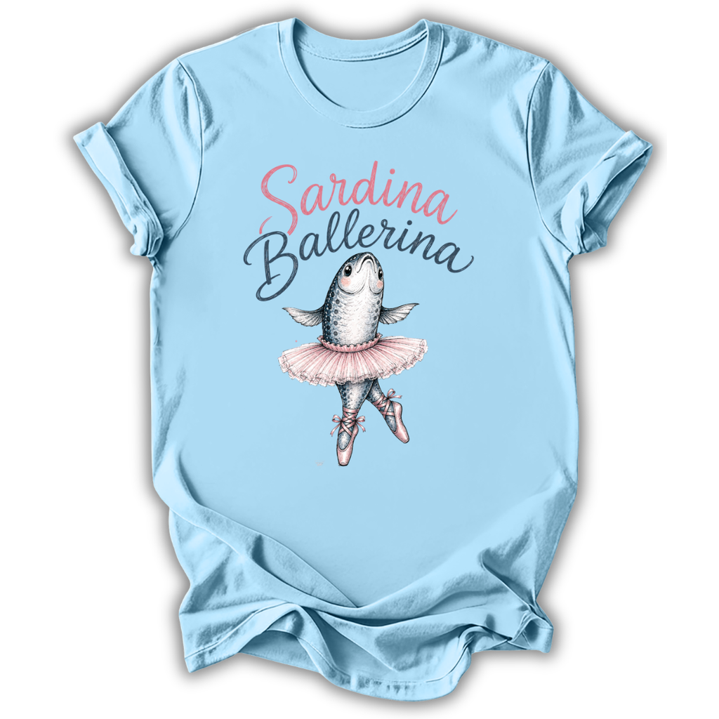 A light blue short-sleeve t-shirt with a graphic of a fish ballerina and the text 'Sardina Ballerina' printed on the front, displayed against a white background.