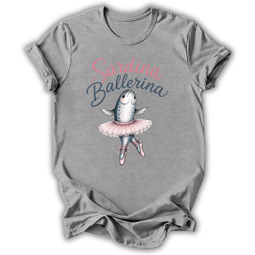 A heather gray short-sleeve t-shirt with a graphic of a fish ballerina wearing a pink tutu and pink-and-blue text reading 'Sardina Ballerina' on the front, shown against a plain white background.