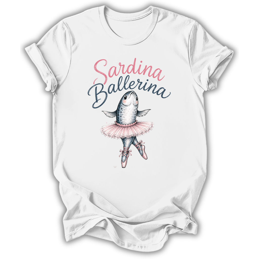 A white short-sleeve crewneck t-shirt featuring a graphic print of a fish dressed as a ballerina with the text 'Sardina Ballerina' in pink and navy blue script, displayed on a clean white background.