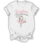 A white short-sleeve crewneck t-shirt featuring a graphic print of a cute cat ballerina in a pink tutu with the text 'Purrlina Ballerina' in pink and gray script.