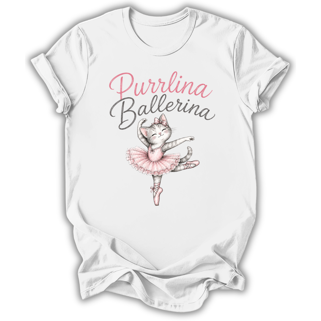 A white short-sleeve crewneck t-shirt featuring a graphic print of a cute cat ballerina in a pink tutu with the text 'Purrlina Ballerina' in pink and gray script.