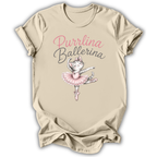 A beige short-sleeve t-shirt with a 'Purrlina Ballerina' graphic featuring a cartoon cat ballerina in a pink tutu, displayed on a clean white background.