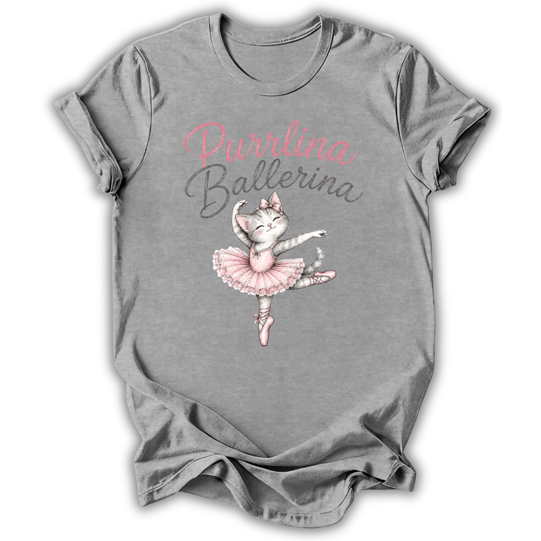 A heather gray short-sleeve t-shirt with a graphic of a cute ballet cat in a pink tutu under the text 'Purrlina Ballerina' in pink and gray script.