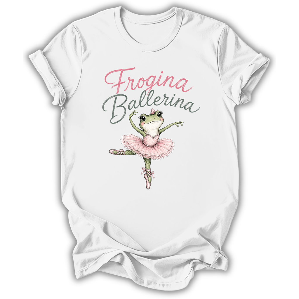 A white short-sleeve crewneck t-shirt featuring a graphic of a green frog ballerina in a pink tutu with the text 'Frogina Ballerina' in pink and gray script.