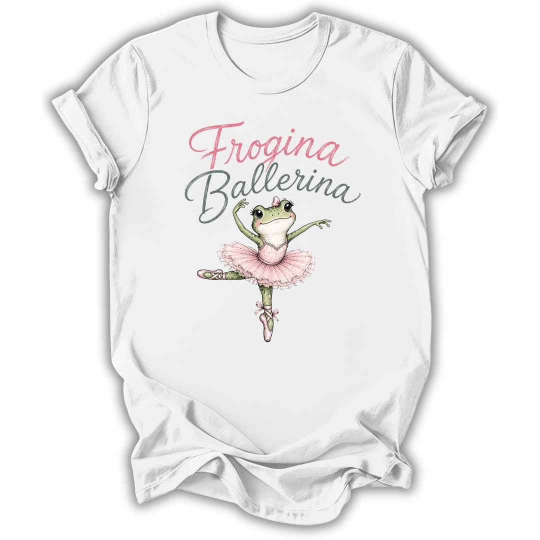 A white short-sleeve crewneck t-shirt featuring a graphic of a green frog ballerina in a pink tutu with the text 'Frogina Ballerina' in pink and gray script.