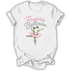 A white short-sleeve crewneck t-shirt featuring a graphic of a green frog ballerina in a pink tutu with the text 'Frogina Ballerina' in pink and gray script.