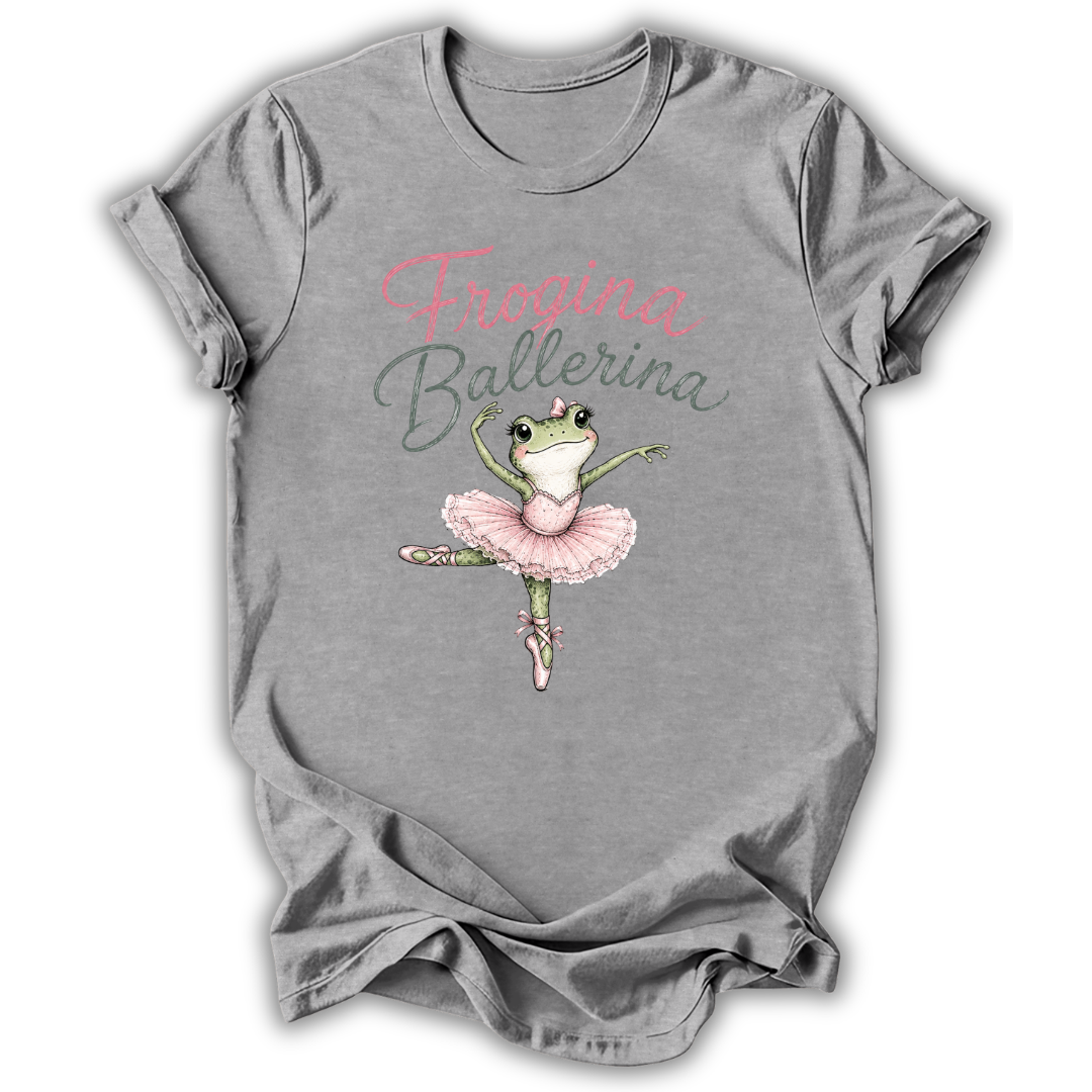 A heather gray short-sleeve t-shirt with a black graphic of a stylized dancer and the text 'SUGAR PLUM' printed on the chest, displayed against a white background.