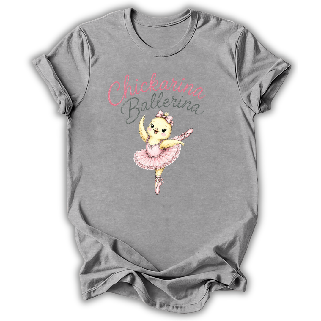A heather gray short-sleeve t-shirt with a graphic of a cute ballet cat in a pink tutu under the text 'Purrlina Ballerina' in pink and gray script.