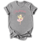A heather gray short-sleeve t-shirt with a graphic of a cute ballet cat in a pink tutu under the text 'Purrlina Ballerina' in pink and gray script.