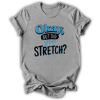 A heather gray short-sleeve t-shirt with a graphic text print reading 'Okay, BUT DID you STRETCH?' in blue and black lettering, displayed on a clean white background.