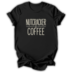 A black short-sleeve crewneck t-shirt with the text 'NUTCRACKER & COFFEE' printed in a cream-colored serif font on the chest, displayed against a plain white background.