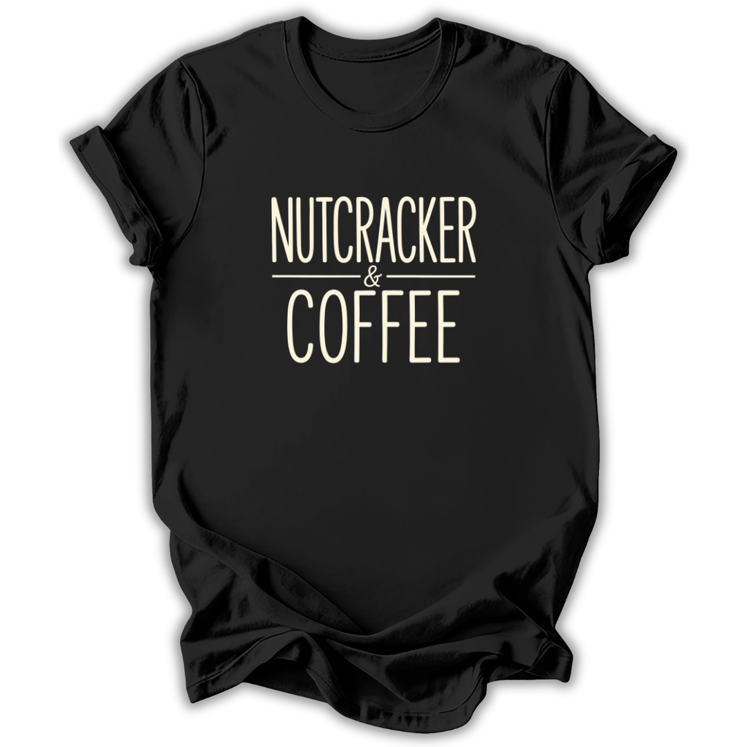 A black short-sleeve crewneck t-shirt with the text 'NUTCRACKER & COFFEE' printed in a cream-colored serif font on the chest, displayed against a plain white background.