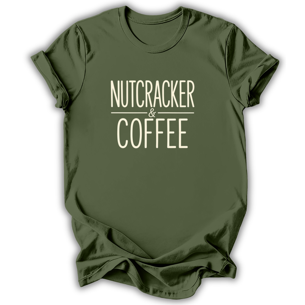 An olive green short-sleeve t-shirt with the text 'NUTCRACKER & COFFEE' printed in a cream-colored serif font on the chest, displayed against a clean white background.