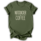 An olive green short-sleeve t-shirt with the text 'NUTCRACKER & COFFEE' printed in a cream-colored serif font on the chest, displayed against a clean white background.